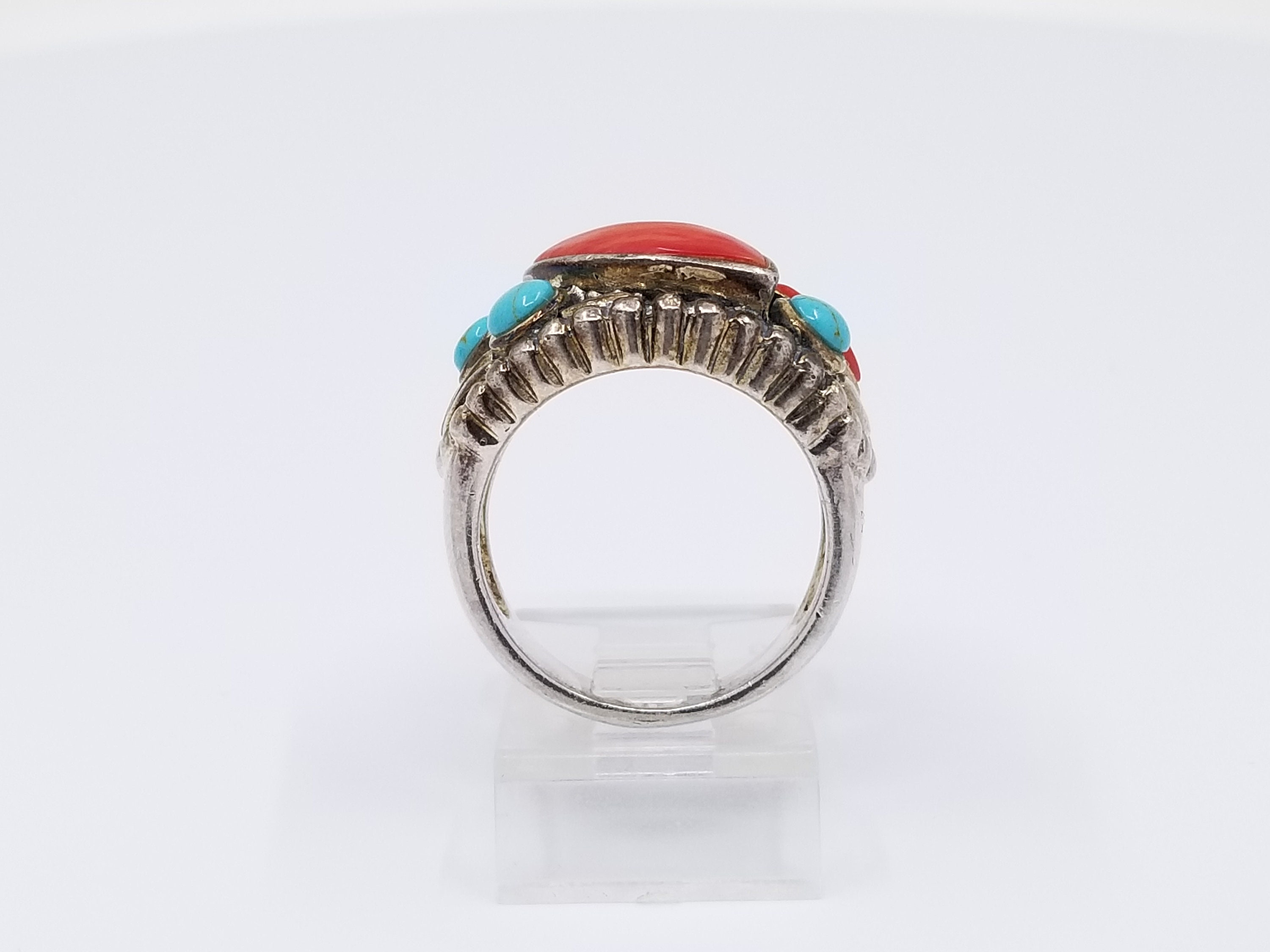Turquoise and Red Coral Silver Ring Sterling Silver Vintage - Etsy