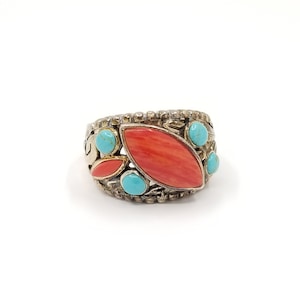Turquoise and Red Coral Silver Ring, Sterling Silver Vintage Band, Native Marquise Cut Ring, Red and Blue Anniversary Band