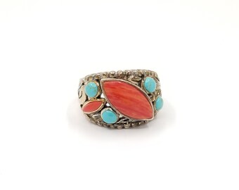 Turquoise & Red Coral Sterling Silver Ring - Vintage Marquise Cut