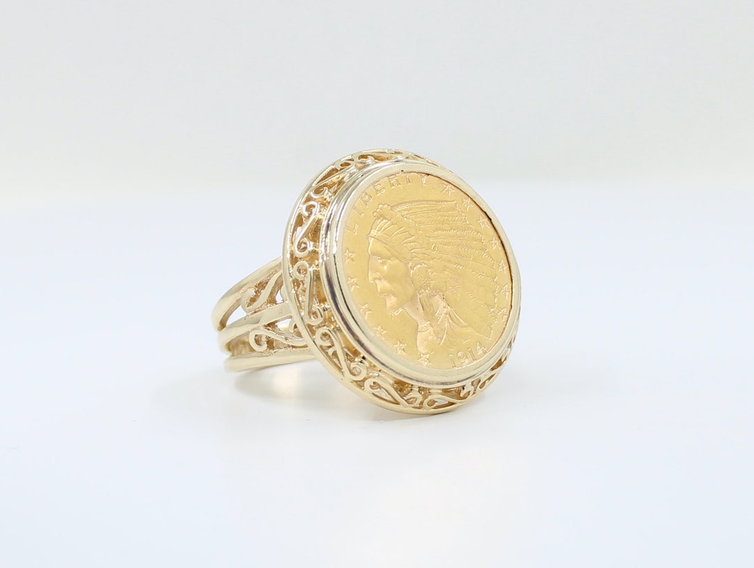 1914 2 1/2 Dólar Indian Head Coin Ring, Unique Filigree Coin Jewelry