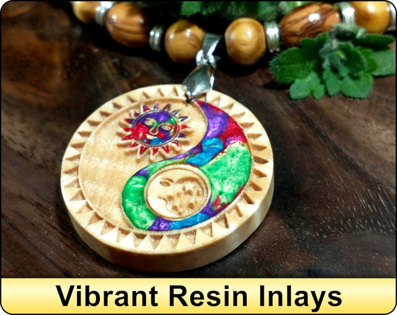 Laser Engraved Sun Moon Ying Yang Hippie Jewelry Boho Necklace Sun and Moon Necklace Yin Yang Wooden Necklace