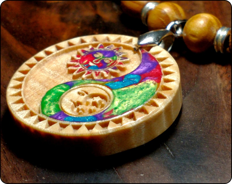 Laser Engraved Sun Moon Ying Yang Hippie Jewelry Boho Necklace Sun and Moon Necklace Yin Yang Wooden Necklace