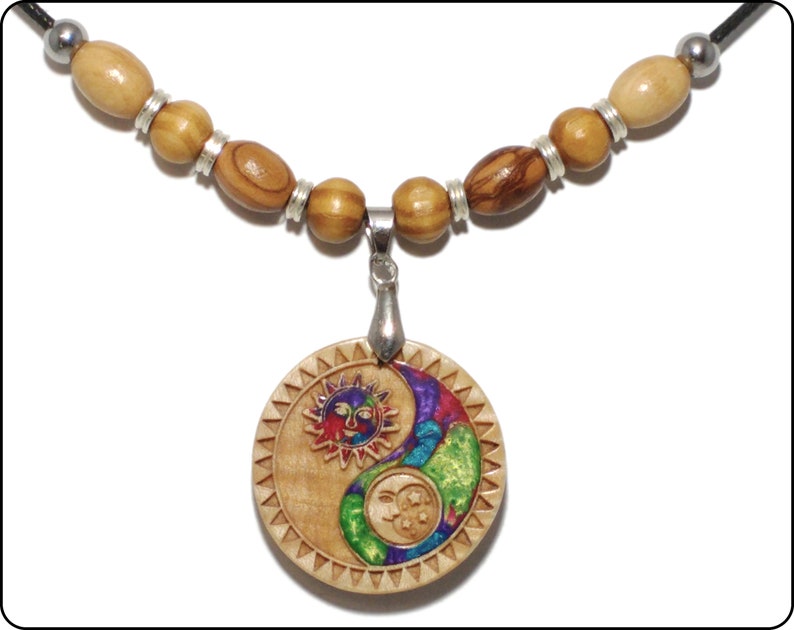 Laser Engraved Sun Moon Ying Yang Hippie Jewelry Boho Necklace Sun and Moon Necklace Yin Yang Wooden Necklace