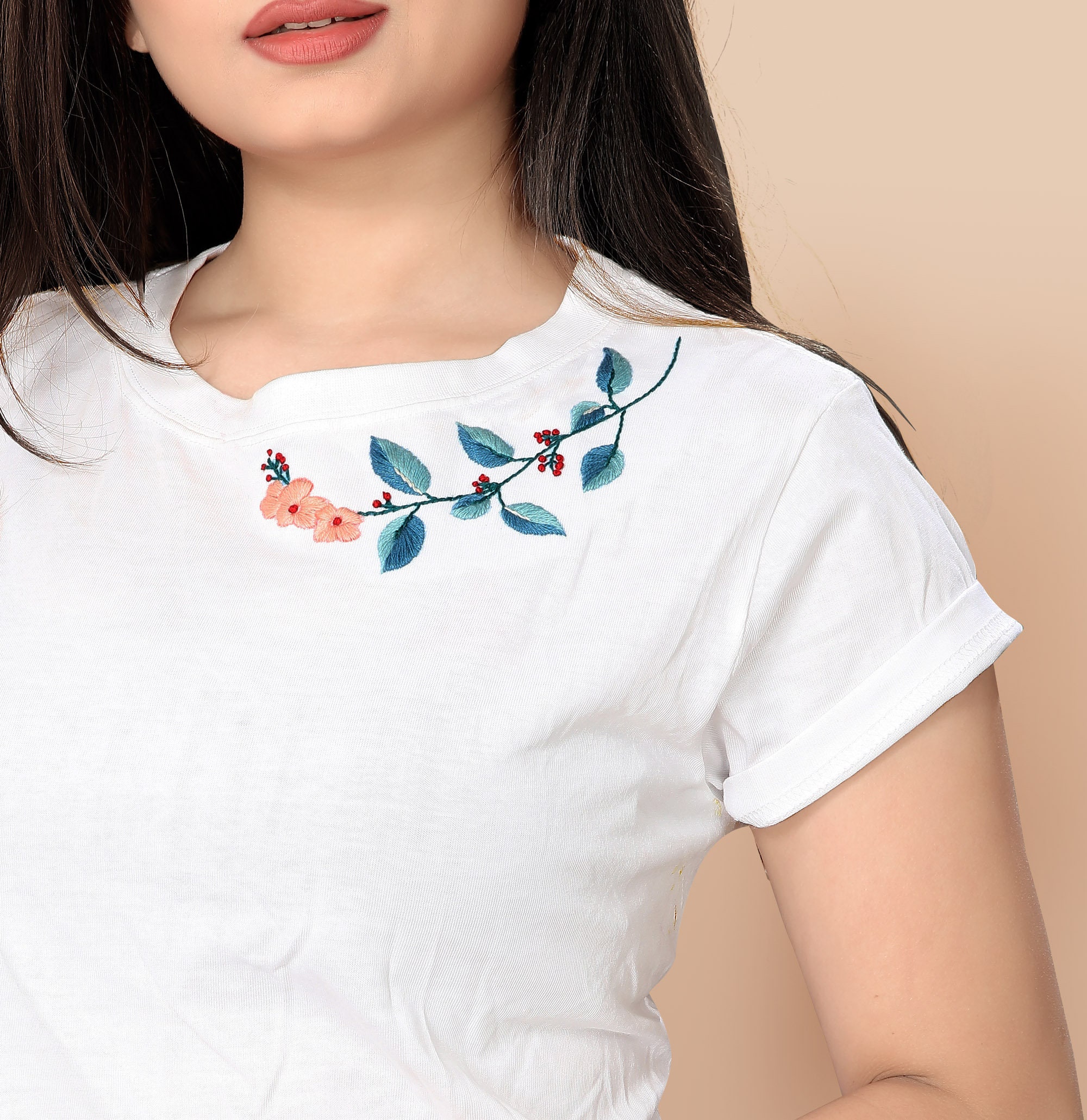 Blue Leaves Flower Embroidery Tshirt Hand Embroidery Crop Etsy