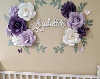 Dark purple, Lavender, White Paper Flowers Wall Arrangement, Mini, Sage Leaves, Baby Wall Flowers, Nursery Wall Flowers Arrangement