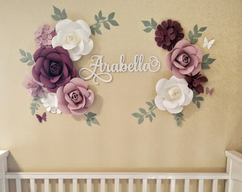 Burgundy, Dusty Rose, White, Sage Paper Flowers Wall Decor, Nursery Wall Flowers, Paper Flower Wall Arrangement, Wall Flower Arrangement,