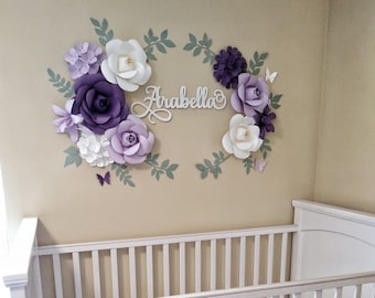 Dark purple, Lavender, White Paper Flowers Wall Arrangement, Mini, Sage Leaves, Baby Wall Flowers, Nursery Wall Flowers Arrangement