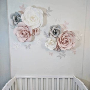 Paper Flowers Wall Decor, Blush, White and Grey Paper Flowers, Nursery Wall Flowers, Paper Flower Wall Arrangement, Wall Flower Arrangement