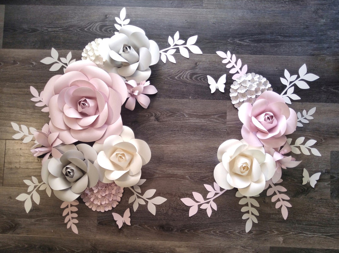 Paper Flowers Wall Decor, Pastel Pink, Ivory and Grey Paper Flowers