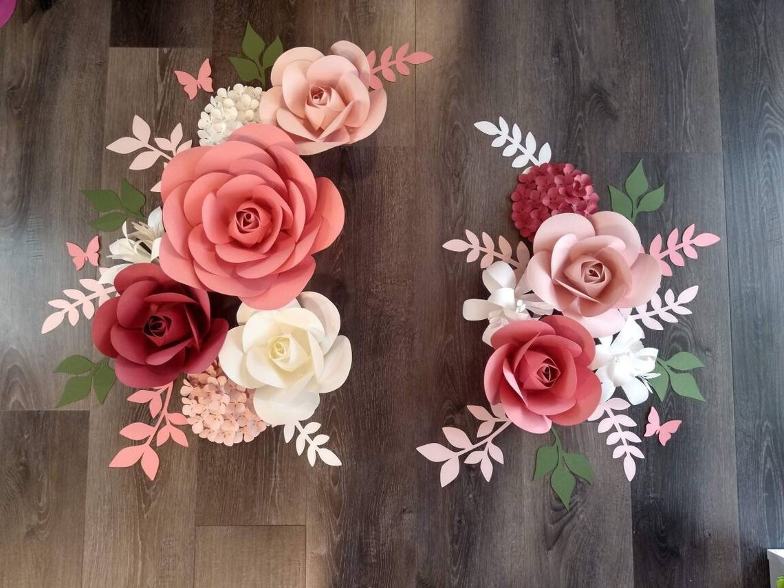 Paper Flowers Wall Decor Coral Pink and Dusty Red Paper Etsy