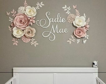 Blush, Ivory, Beige, White Paper Flowers Wall Arrangement, Baby Wall Flowers, Nursery Flowers, Flower Wall Decor, Baby Shower Flowers,