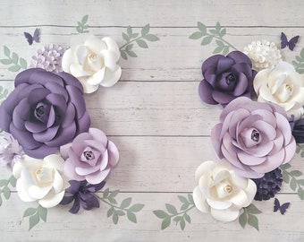 Dark purple, Lavender, White Paper Flowers Wall Arrangement, Sage Leaves, Baby Wall Flowers, Nursery Wall Flowers Arrangement,