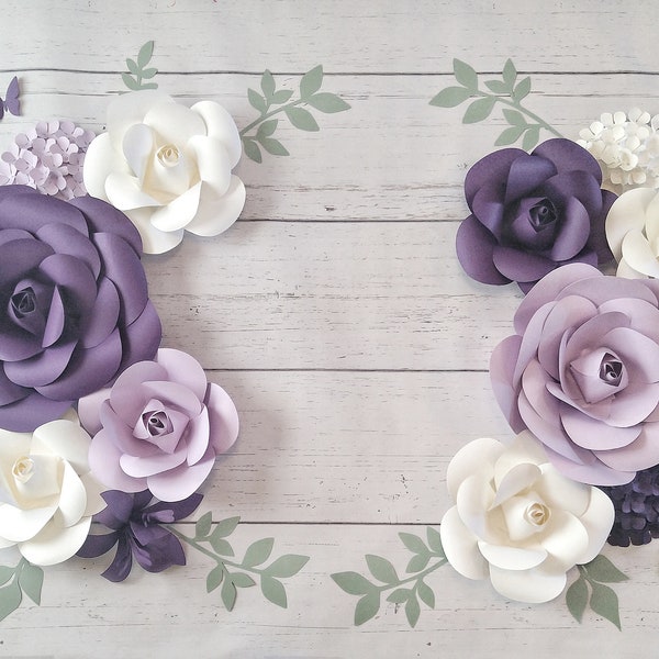 Dark purple, Lavender, White Paper Flowers Wall Arrangement, Sage Leaves, Baby Wall Flowers, Nursery Wall Flowers Arrangement,