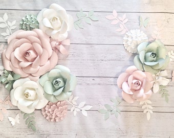 Pink, Mint and White Paper Flowers, Nursery Wall Flowers, Paper Flower Wall Decor, Flower Wall Arrangement, Baby Wall Flowers, Nursery Decor