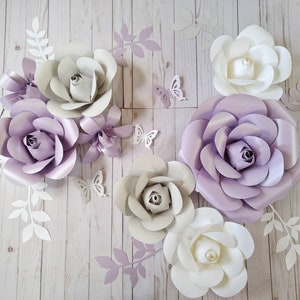 Paper Flowers Wall Decor, Purple, Grey and White, Nursery Wall Flowers, Purple and Grey Nursery Decor, Wall Flowers Arrangement, Flower Wall