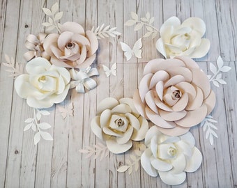 Blush, Ivory, White, Beige, Paper Flowers Wall Decor,  Nursery Wall Flowers, Paper Flower Wall Arrangement, Wall Flower Arrangement