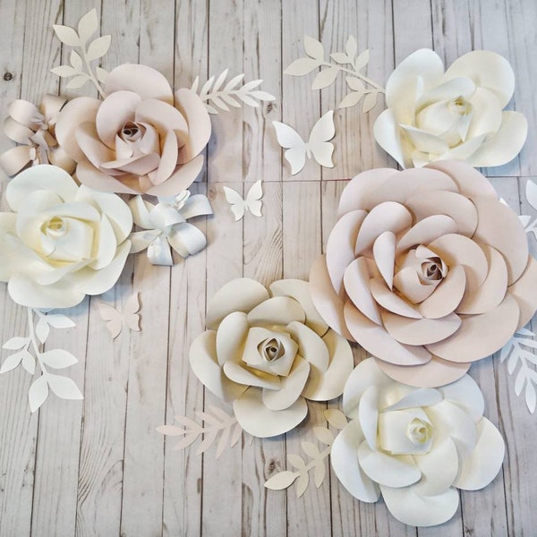 Blush, Ivory, White, Beige, Paper Flowers Wall Decor,  Nursery Wall Flowers, Paper Flower Wall Arrangement, Wall Flower Arrangement