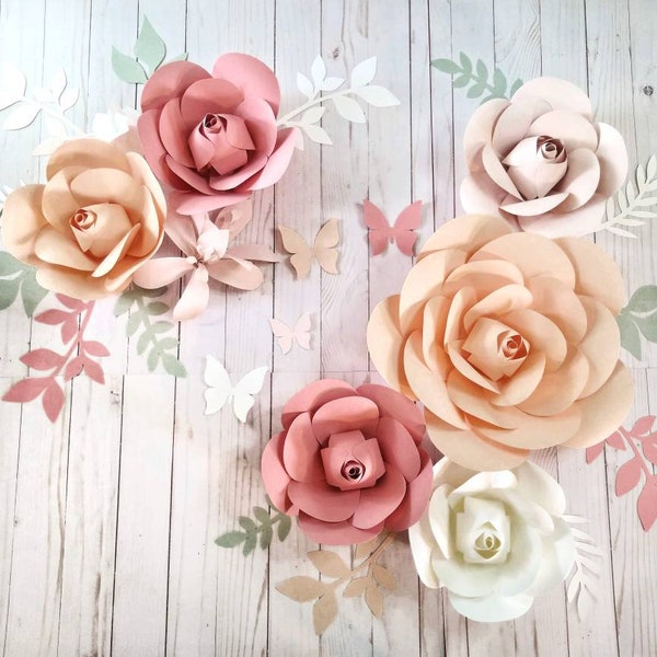 Peach, Coral, Blush and White Paper Flowers with Sage Leaves,Flower Wall Decor, Nursery Flower Decor, Wall Flowers, Bridal Paper Flowers