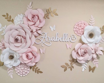 Paper Flowers Wall Decor, Blush, Pink, White and Gold Paper Flowers,  Nursery Wall Flowers, Paper Flower Wall Arrangement, Bridal, Baby