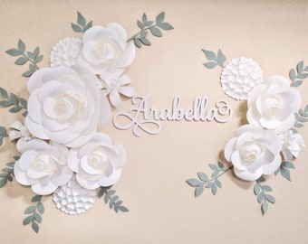 All White Paper Flowers Wall Decor, Wedding Flowers, Baby Shower, Nursery Flowers, Paper Flower Wall Arrangement, Wall Flower Arrangement