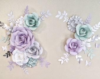 Paper Flowers Wall Decor, Lavender, Grey, Mint, Silver Paper Flowers, Nursery Flowers, Paper Flower Wall Arrangement, Wall Flowers, Bridal