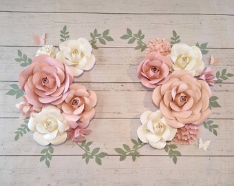 Pink & White Paper Flowers Wall Decor, Nursery Flowers, Sage Leaves, Baby Wall Flowers, Pink Wall Flowers Arrangement, Baby Shower, Wedding