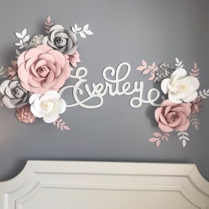 Paper Flower Nursery Wall Decor, Custom Name Sign, Blush White Grey Floral