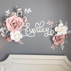 Paper Flowers Wall Decor, Blush, White and Grey Paper Flowers, Nursery Wall Flowers, Paper Flower Wall Arrangement, Wall Flower Arrangement