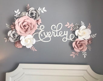 Paper Flowers Wall Decor, Blush, White and Grey Paper Flowers, Nursery Wall Flowers, Paper Flower Wall Arrangement, Wall Flower Arrangement