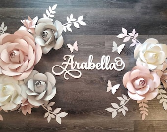 Custom Name Sign, Blush, White, Grey Paper Flowers Wall Decor,  Nursery Wall Flowers, Paper Flower Wall Arrangement, Wall Flower Arrangement