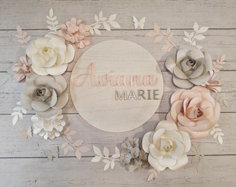 Custom Circle Name Sign, Blush, White Grey Paper Flowers Wall Decor, Nursery Wall Flowers, Paper Flower Wall Arrangement, Nursery Name Sign