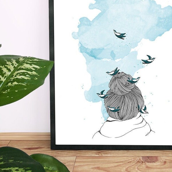 Dream. Illustration of women's backs with birds tangled in their hair flying