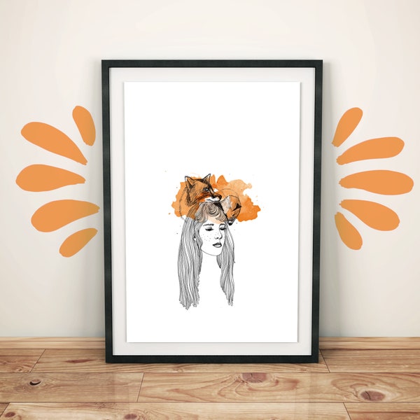 Illustration Girl - Foxes. Decorative sheet size A4. Original gift :)