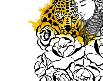 Tiger woman illustration - A4 size decorative sheet, nice gift. Ink drawing, digital finish.