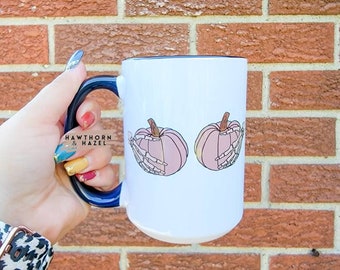 Pumpkin, pumpkin boobs, skeleton hands, Halloween, Coffee mug, ceramic cup