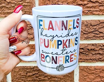 Fall Mug: Flannels, Pumpkins, Hayrides Design - 15oz Dishwasher Safe