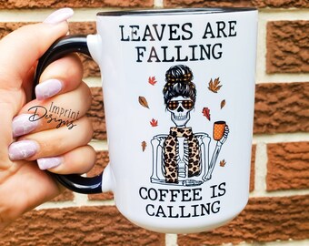 Leaves are Falling Coffee Mug: Skeleton Leopard Scarf - 15oz Dishwasher Safe