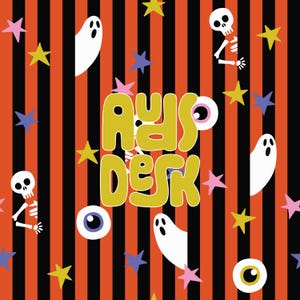May include: A pattern featuring vertical black and orange stripes decorated with white ghosts, white skeletons, eyeballs, and multi-colored stars. The text "AYDS DESK" is printed in large, bold, yellow letters across the center of the design.