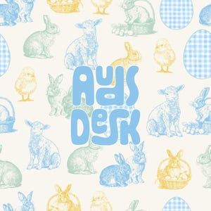 May include: A seamless pattern featuring a variety of Easter-themed illustrations, including chicks, lambs, bunnies, and eggs. The pattern is in shades of blue, yellow, and green on a white background. The text "A Day's Desk" is written in a blue, stylized font.