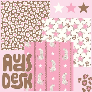 May include: A collection of pink, brown, and white patterns. Features leopard print, star designs, and a pink background with cheetahs and stars. The text "AYS DESK" is in brown.