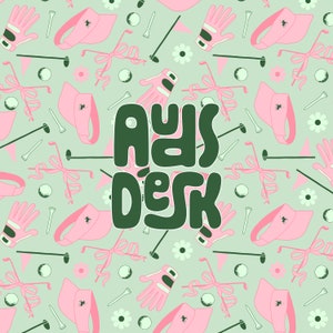 May include: A green and white pattern with the text "Ads Desk" in a green, stylized font. The pattern includes pink visors, golf clubs, golf balls, and flowers.