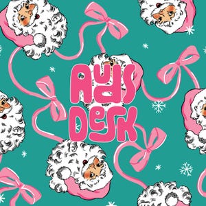 Può includere: Uno sfondo turchese con un motivo ripetuto di facce di Babbo Natale, fiocchi rosa e fiocchi di neve. Il testo "Avis Desk" è in lettere rosa stilizzate. I volti di Babbo Natale hanno barbe bianche e indossano cappelli rosa.