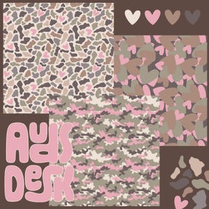 May include: A digital art composition featuring various patterns in shades of brown, pink, and gray. The patterns include abstract shapes, camouflage, and heart shapes. The text "AYS DESK" is displayed in pink, bubble-style letters. A color palette of hearts is shown.