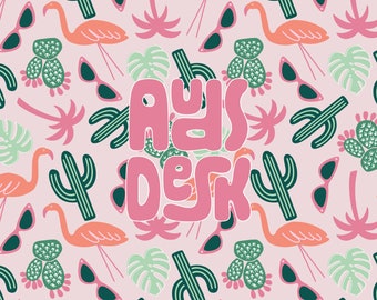 Palm Springs inspired seamless repeating pattern, Girly retro sunglasses, flamingo, monstera palm leaf, cactus, prickly pear, Summer pattern