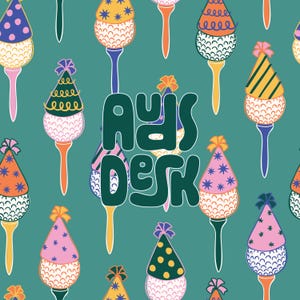 May include: A teal background with a repeating pattern of golf balls with party hats. The hats are various colors, including pink, yellow, and blue, and are decorated with stars and polka dots. The text "AYS DESK" is in the center.