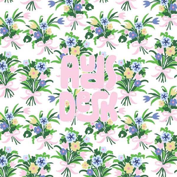 Spring floral bouquet repeating pattern, Girly pastel flowers and bows seamless pattern, Pink bow pattern, Love shack fancy inspired pattern