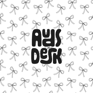 May include: Black and white illustration of the words "Ads Desk" with a pattern of black bows on a white background.