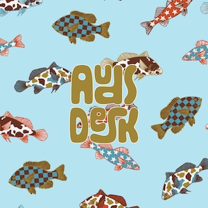 May include: A light blue background featuring a repeating pattern of various fish illustrations in brown, white, and red, some with checkered or star patterns. Centered in the image is the text "ADS DESK" written in a bold, rounded, gold font.
