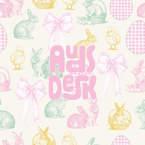 以下が含まれることがあります： ピンクと白のギンガムチェックの背景に、ピンクと白のリボン、ピンクと白のギンガムチェックの卵、ピンクと白のギンガムチェックの卵が描かれています。背景にはピンクの文字で「A Day's Desk」と書かれています。