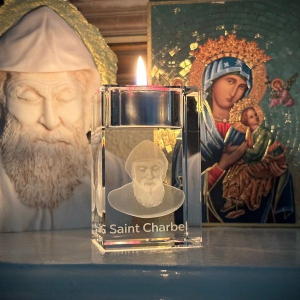 St Charbel Makhlouf 3D Engraved in Crystal Candle Holder